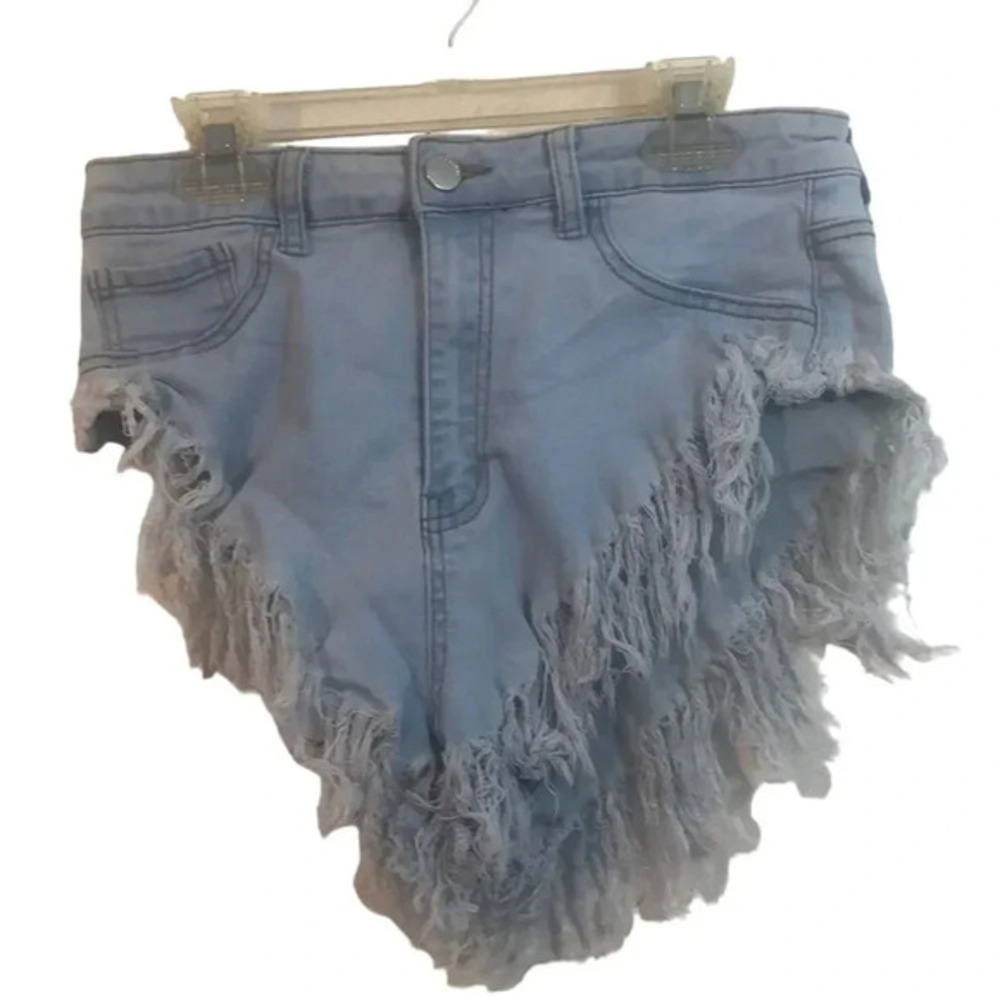 Light Blue Denim Shorts with Extreme Fraying High Waisted Festival‎ Rave